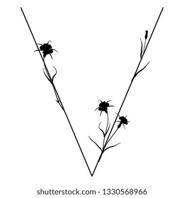 Isolated vector illustration. Floral alphabet with wild carnation or corn-cockle flowers. Capital letter V. Black silhouette on white background.