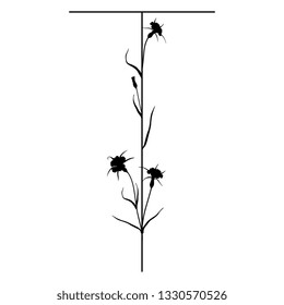 Isolated vector illustration. Floral alphabet with wild carnation or corn-cockle flowers. Capital letter T. Black silhouette on white background.