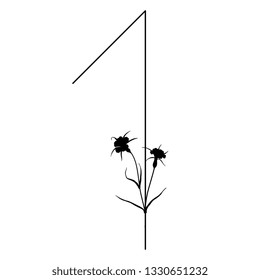 Isolated vector illustration. Floral alphabet. Numeral 1 with wild carnation or corn-cockle flowers. Black silhouette on white background.