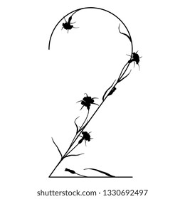 Isolated vector illustration. Floral alphabet. Numeral 2 with wild carnation or corn-cockle flowers. Black silhouette on white background.