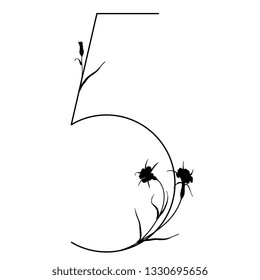 Isolated vector illustration. Floral alphabet. Numeral 5 with wild carnation or corn-cockle flowers. Black silhouette on white background.