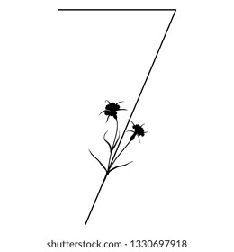 Isolated vector illustration. Floral alphabet. Numeral 7 with wild carnation or corn-cockle flowers. Black silhouette on white background.