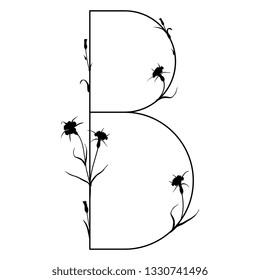 Isolated vector illustration. Floral alphabet with wild carnation or corn-cockle flowers. Capital letter B. Black silhouette on white background.