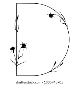 Isolated vector illustration. Floral alphabet with wild carnation or corn-cockle flowers. Capital letter D. Black silhouette on white background.