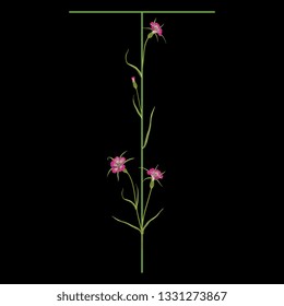 Isolated vector illustration. Floral alphabet with wild carnation or corn-cockle flowers. Capital letter T. On black background.