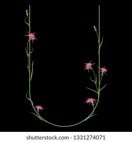 
Isolated vector illustration. Floral alphabet with wild carnation or corn-cockle flowers. Capital letter U. On black background.