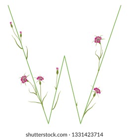 Isolated vector illustration. Floral alphabet with wild carnation or corn-cockle flowers. Capital letter W.