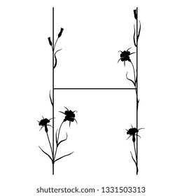 Isolated vector illustration. Floral alphabet with wild carnation or corn-cockle flowers. Capital letter H. Black silhouette on white background.