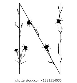 Isolated vector illustration. Floral alphabet with wild carnation or corn-cockle flowers. Capital letter N. Black silhouette on white background.