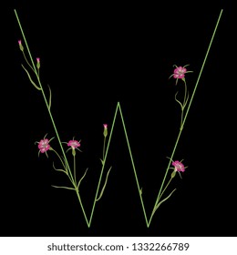 Isolated vector illustration. Floral alphabet with wild carnation or corn-cockle flowers. Capital letter W. On black background.