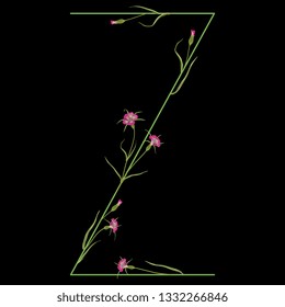 Isolated vector illustration. Floral alphabet with wild carnation or corn-cockle flowers. Capital letter Z. On black background.