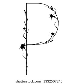 Isolated vector illustration. Floral alphabet with wild carnation or corn-cockle flowers. Capital letter P. Black silhouette on white background.