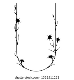 Isolated vector illustration. Floral alphabet with wild carnation or corn-cockle flowers. Capital letter U. Black silhouette on white background.