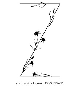 Isolated vector illustration. Floral alphabet with wild carnation or corn-cockle flowers. Capital letter Z. Black silhouette on white background.