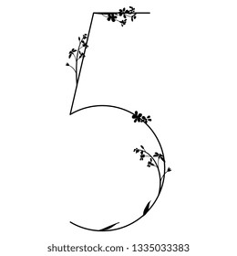 Isolated vector illustration. Floral alphabet. Numeral 5 with forget-me-not flowers. Black silhouette on white background.