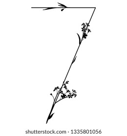 Isolated vector illustration. Floral alphabet. Numeral 7 with forget-me-not flowers. Black silhouette on white background.