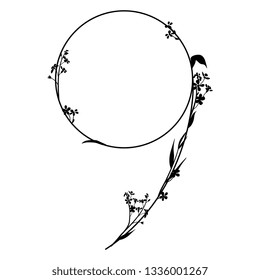 Isolated vector illustration. Floral alphabet. Numeral 9 with forget-me-not flowers. Black silhouette on white background.