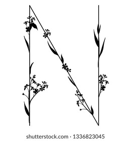 Isolated vector illustration. Floral alphabet with forget-me-not flowers. Capital letter N. Black silhouette on white background.