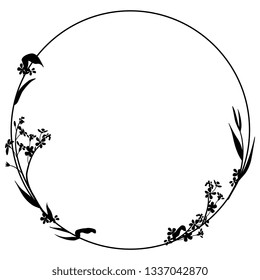Isolated vector illustration. Floral alphabet with forget-me-not flowers. Capital letter O or numeral 0. Round floral frame or wreath. Black silhouette on white background.