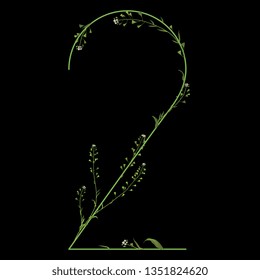 Isolated vector illustration. Floral alphabet. Numeral 2 with shepherd purse flowers. On black background.