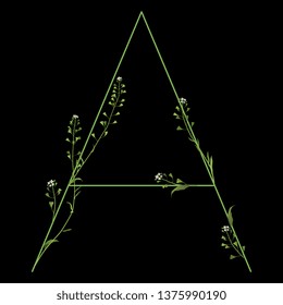 Isolated vector illustration. Floral alphabet with shepherd's purse flowers. Capital letter A. On black background.