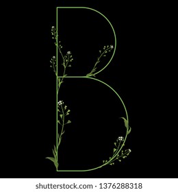 Isolated vector illustration. Floral alphabet with shepherd's purse flowers. Capital letter B. On black background.