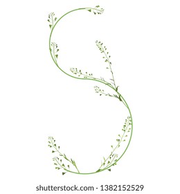Isolated vector illustration. Floral alphabet with shepherd's purse flowers. Capital letter S.