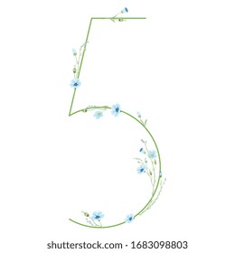 Isolated vector illustration. Floral alphabet. Numeral 5 with with floral motifs. Botanical font with branches of flax flower.