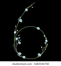 Isolated vector illustration. Floral alphabet. Numeral 6 with with floral motifs. Botanical font with branches of flax flower. On black background.