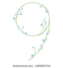 Isolated vector illustration. Floral alphabet. Numeral 9 with with floral motifs. Botanical font with branches of flax flower.