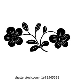 Isolated vector illustration. Floral branch with two flowers. Folk style. Black and white silhouette.