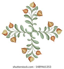 Isolated vector illustration. Floral cross with four blooming branches. Folk style.