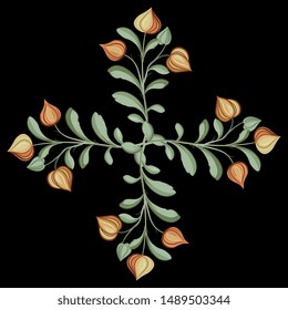 Isolated vector illustration. Floral cross with four blooming branches. Folk style.