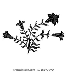 Isolated vector illustration. Floral motif. Bouquet of white lilies. Datura plant bush. Black and white silhouette.