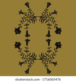  Einzige Vektorgrafik. Blumenrahmen mit Zweigen von Lilien oder Datura-Blumen. Schwarze und goldene Silhouette.