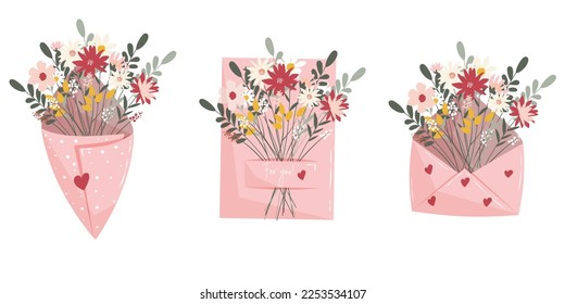 Isolated vector illustration of flower bouquets. Flowers in an envelope. Floral mail. Love concept. Happy Valentine's Day. Hand drawn trendy vector greeting card