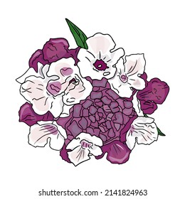 Ilustración vectorial aislada de flores y hojas. Flor en blanco para diseñadores, logotipo, impresión, emblema
