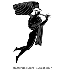  Vektorillustration einzeln. Fliegen des alten griechischen Flügelgottes Eros spielen Flöte. Schwarz-Weiß-Silhouette. 