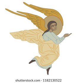 Isolated vector illustration. Flying angel. Based on ancient Orthodox icon motif. Flat cartoon style. 