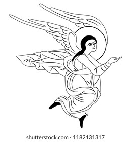 Isolated vector illustration. Flying angel. Based on ancient Orthodox icon motif. Black and white linear silhouette.