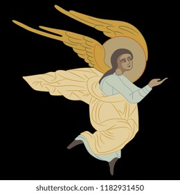 Isolated vector illustration. Flying angel. Based on ancient Orthodox icon motif. Flat cartoon style. On black background.