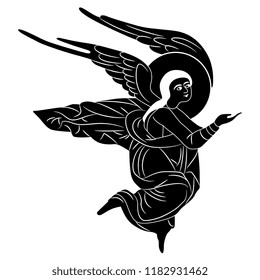 Isolated vector illustration. Flying angel. Based on ancient Orthodox icon motif. Black and white linear silhouette.

