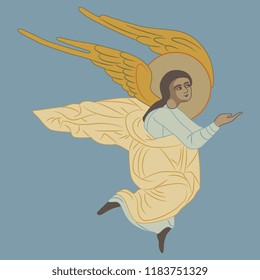 Isolated vector illustration. Flying angel. Based on ancient Orthodox icon motif. Flat cartoon style. On blue background.