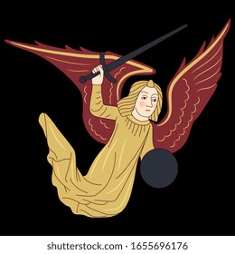 Isolated vector illustration. Flying medieval angel with sword. Illuminated manuscript motif. On black background.