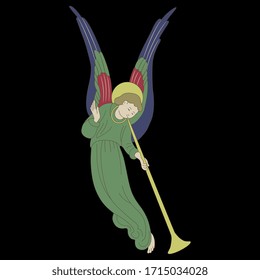 Isolated vector illustration. Flying vintage angel with trumpet.