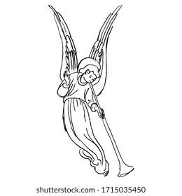 Isolated vector illustration. Flying vintage angel with trumpet. Hand drawn linear sketch. Black silhouette on white background.