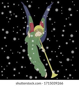 Isolated vector illustration. Flying vintage angel playing trumpet and snowflakes. Beautiful Christmas motif.