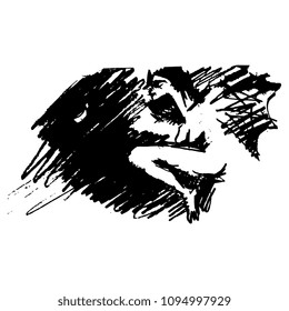 Isolated vector illustration of a flying witch. Based on hand drawn sketch. Black silhouette on white background.