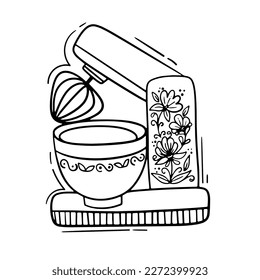Ilustración vectorial aislada del procesador de alimentos. Imagen de un mezclador al estilo de la línea blanca y negra sobre un fondo blanco.