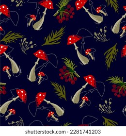 isolated vector illustration. Forest wild mushrooms types. Seamless pattern